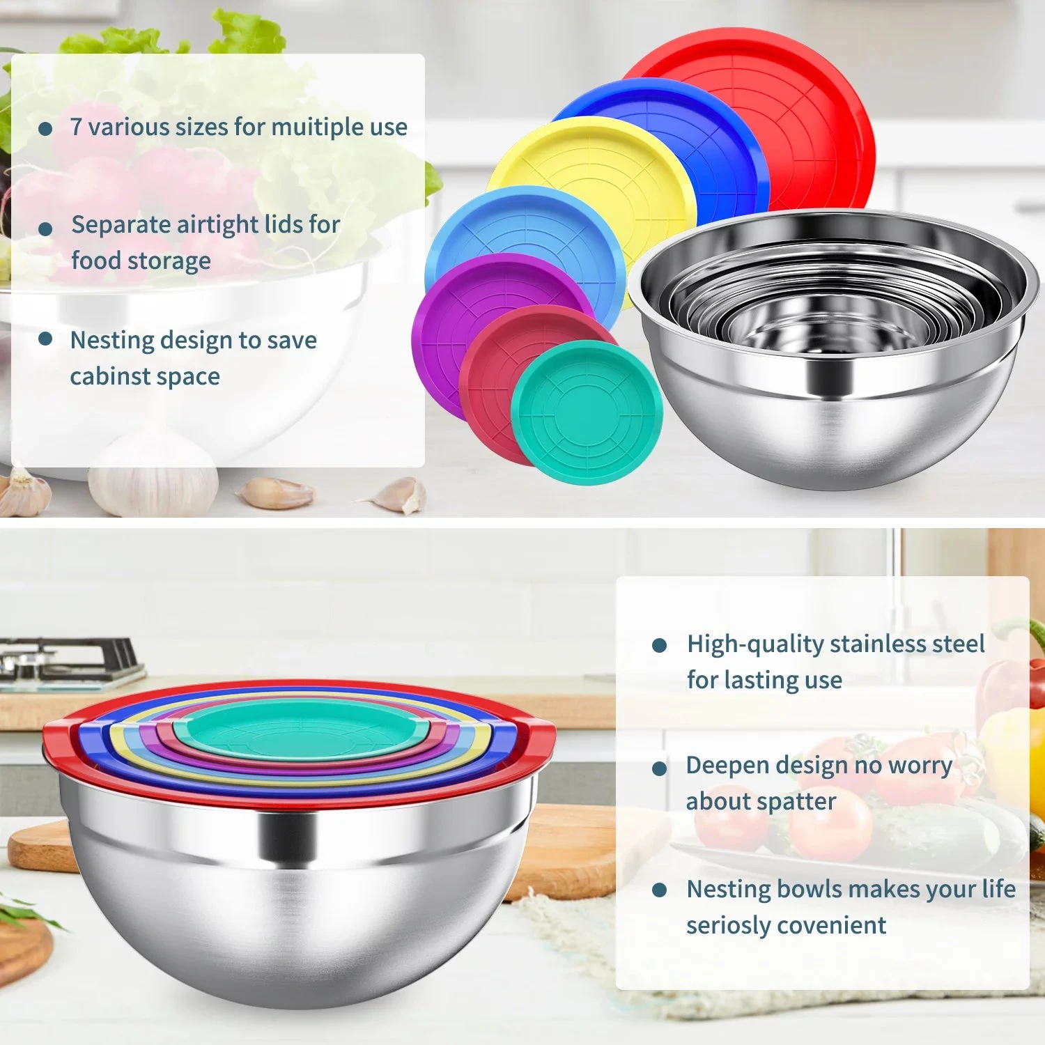 TINANA TINANA Stainless Steel Mixing Bowls Set - 7PCS Metal Nesting, Size 7, 4.5, 3, 2, 1.5, 1, 0.7 QT Multicolor 2 TINANA TINANA Stainless Steel Mixing Bowls Set - 7PCS Metal Nesting, Size 7, 4.5, 3, 2, 1.5, 1, 0.7 QT Multicolor - Image 2