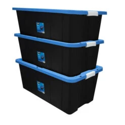 Hart HART 206270 40 Gallon Heavy Duty Latching Plastic Storage Bin, Black Base/Blue Lid, Set Of 3