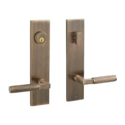 Signature Hardware Signature Hardware EH.SSQTB.2625.10.L.ABS-NB Straight Knurled Solid Brass Entrance Door Set Lever Handle - Left Hand - No Backset - Antique Brass