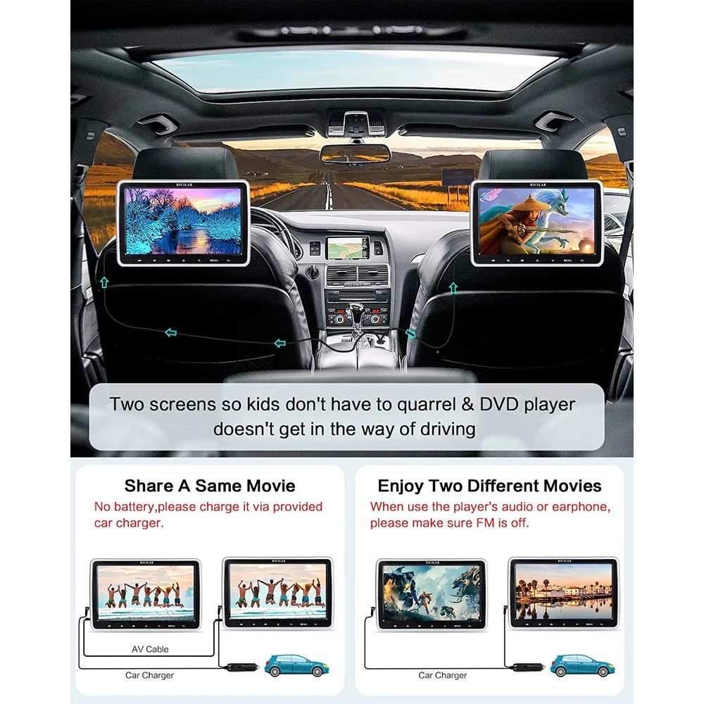 Ricilar Ricilar Premium 10.5" Dual Screen Portable DVD Player For Car 2 X DVD Player Non-built-in Battery, Black 5 Ricilar Ricilar Premium 10.5" Dual Screen Portable DVD Player For Car 2 X DVD Player Non-built-in Battery, Black - Image 5