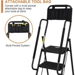 HBTower HBTower HBT-W-SL-4-0015-BK 4 Step Ladder With Handrails, Folding Step Stool With Attachable Tool Bag For Home Kitchen Pantry Office, 330lbs Capacity Black