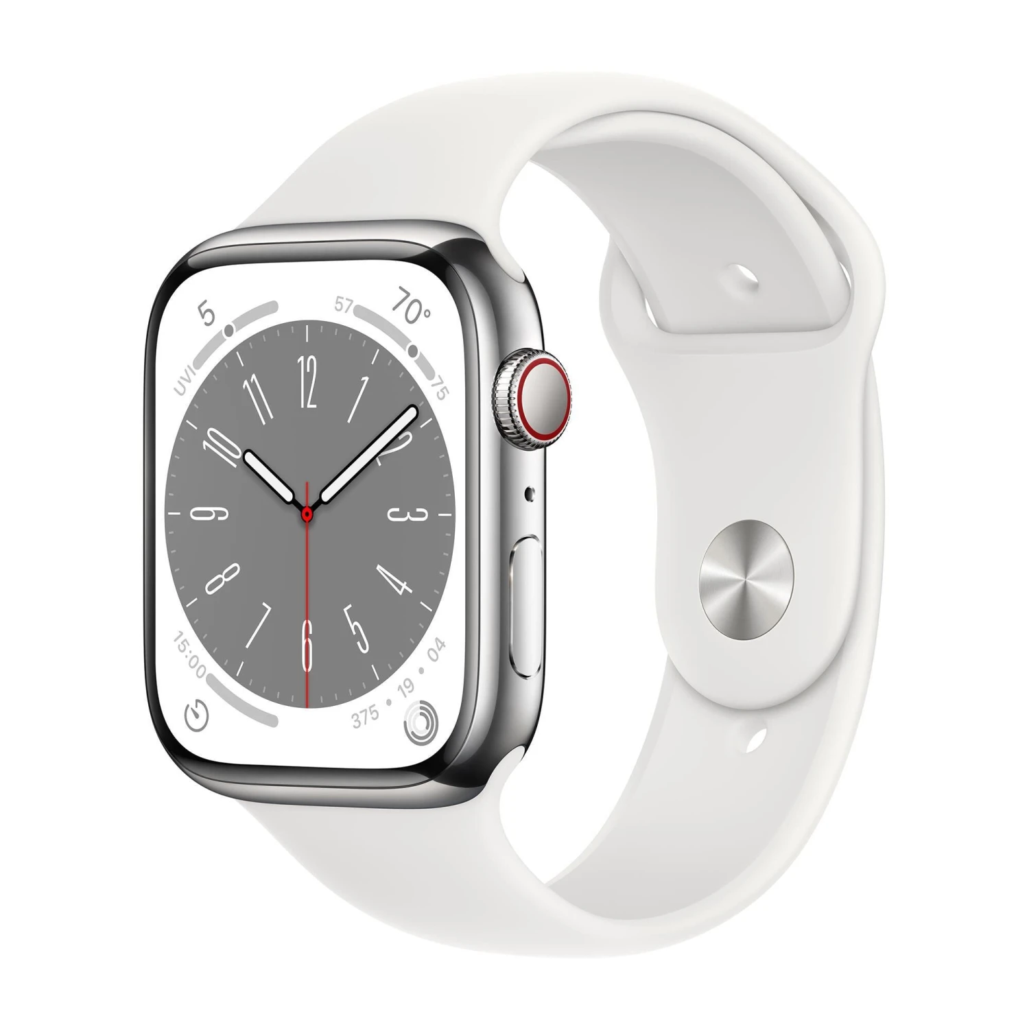 Apple Apple Watch Gen 8 Series 8 Cell 45mm Silver Stainless Steel - White Sport Band MNVW3LL/A 1 Apple Apple Watch Gen 8 Series 8 Cell 45mm Silver Stainless Steel - White Sport Band MNVW3LL/A