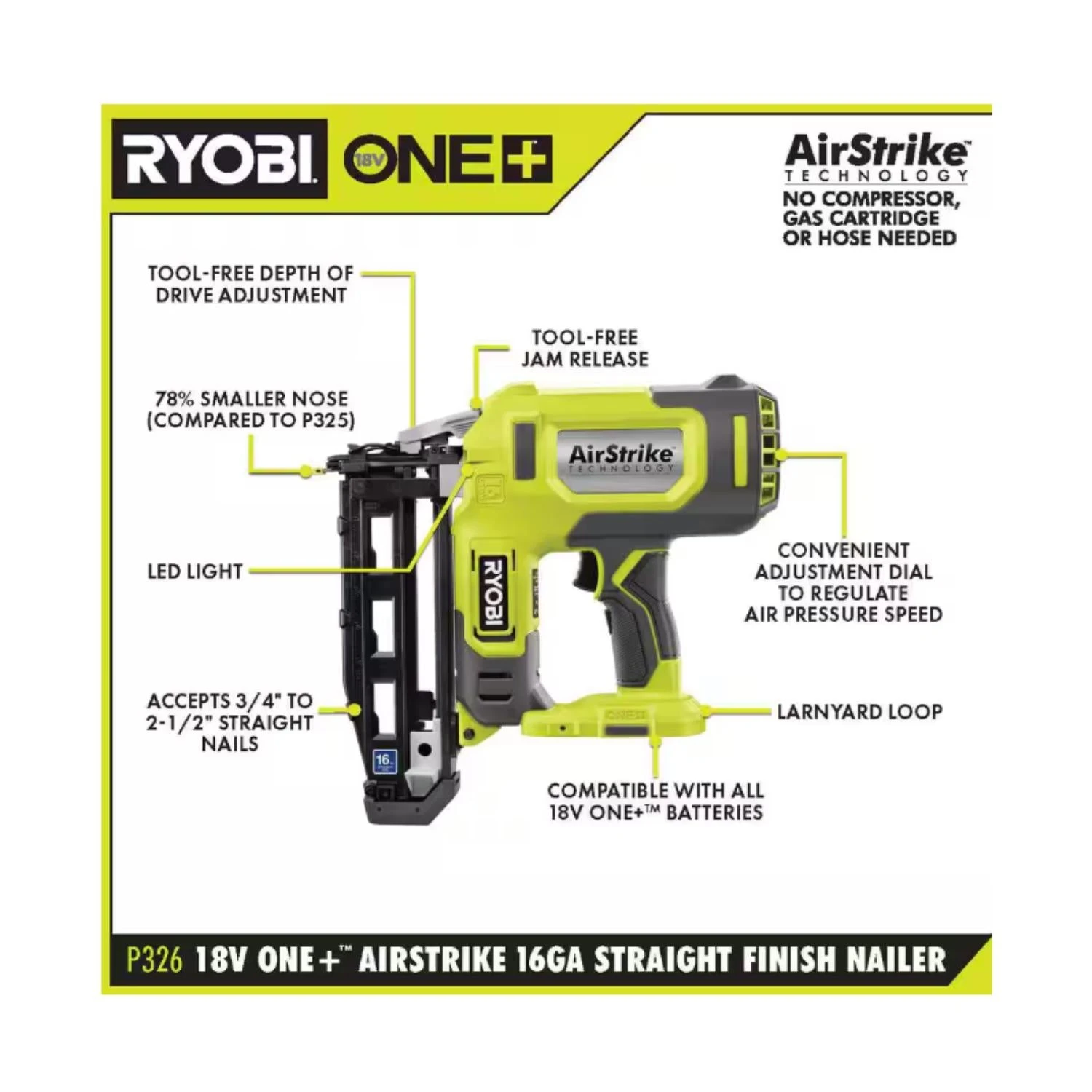 Ryobi Ryobi P326 ONE+ 18V AirStrike 16-Gauge Cordless Finish Nailer (Tool Only) 2 Ryobi Ryobi P326 ONE+ 18V AirStrike 16-Gauge Cordless Finish Nailer (Tool Only) - Image 2