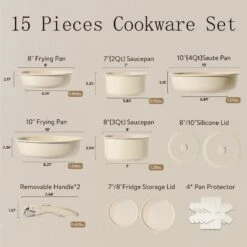 Carote Carote A08197 CAROTE 15pcs Pots And Pans Set, Ceramic Cookware Set Detachable Handle - Beige -Digitopia Deals Store e4b8e83e26ae4133b71626a2a7dac95f