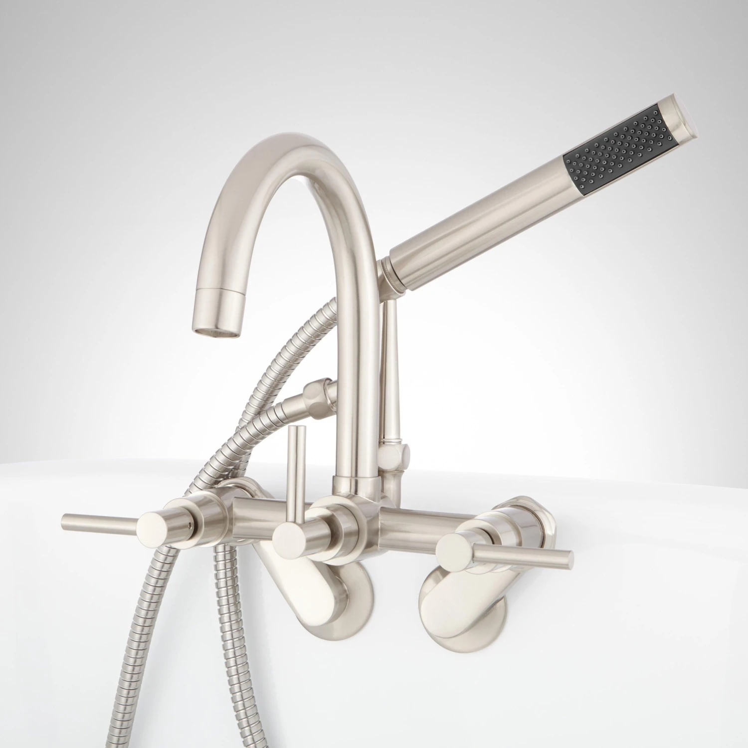 Signature Hardware Signature Hardware HL-621T-L-BN-U Contemporary Gooseneck Tub Faucet With Hand Spray & Lever Handles - Brushed Nickel 1 Signature Hardware Signature Hardware HL-621T-L-BN-U Contemporary Gooseneck Tub Faucet With Hand Spray & Lever Handles - Brushed Nickel